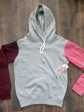 Women's Colorblock Hoodie - Gray with Maroon & Pink Sleeves